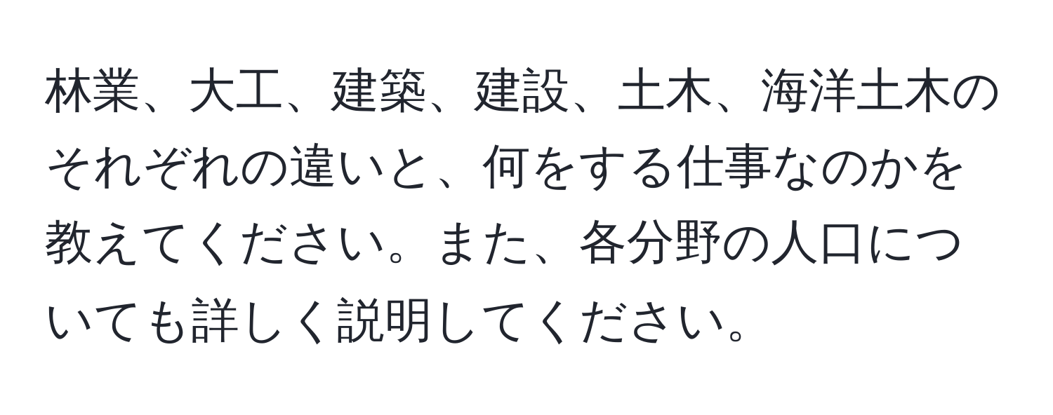 林業、大工、建築、建設、土木、海洋土木のそれぞれの違いと、何をする仕事なのかを教えてください。また、各分野の人口についても詳しく説明してください。