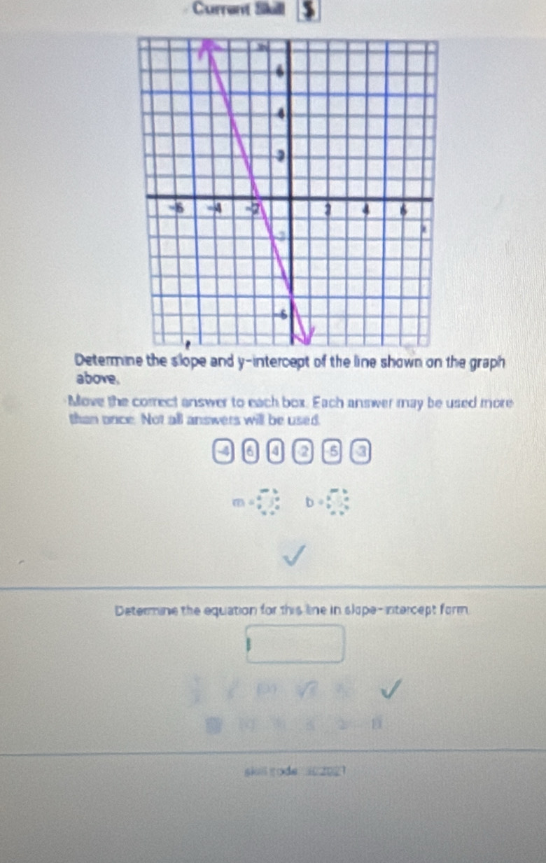 Current Sikill 
Determine the slope and y-intercept of the line shown on the graph 
above. 
Move the correct answer to each box. Each answer may be used more 
than once. Not all answers will be used.
4 6 4 2 5 3
m= a^mb/b^2  b=□
Determine the equation for this line in slope-intercept form 
V 
siontode 302021