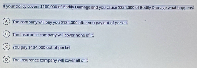 If your policy covers $100,000 of Bodily Damage and you cause $234,000 of Bodily Damage what happens?
A The company will pay you $134,000 after you pay out of pocket.
B The Insurance company will cover none of it.
You pay $134,000 out of pocket
D The Insurance company will cover all of iIt