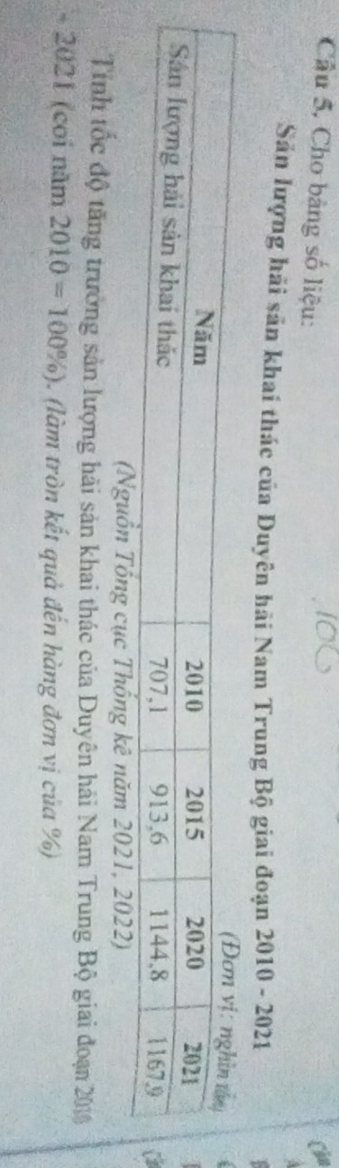 Câu 5, Cho bàng số liệu: 
Cha 
Sản lượng hải sân khai thác của Duyên hải Nam Trung Bộ giai đoạn 2010 - 2021 
(Nguồn Tổng cục Thống kê năm 2021, 2022) 
Tính tốc độ tăng trưởng sản lượng hãi sản khai thác của Duyên hải Nam Trung Bộ giai đoạn 2010 
2021 (coi năm 2010=100% ). (làm tròn kết quả đến hàng đơn vị của %)