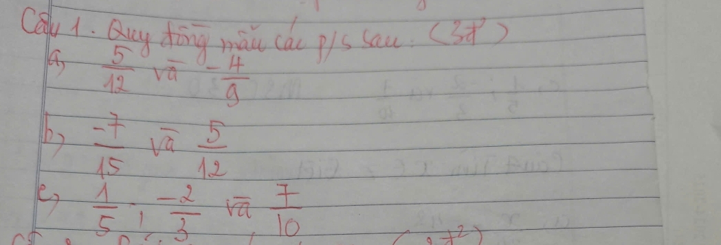 Quy dōng màu cáo pis sau. (3))
 5/12 sqrt(a)- 4/9 
()  (-7)/15 sqrt(4) 5/12 
 1/5 ,  (-2)/3  vū  7/10 