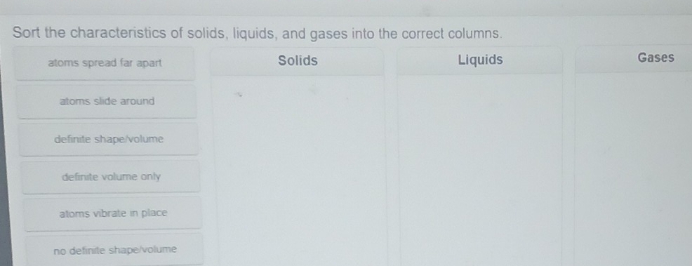 Solved: Sort the characteristics of solids, liquids, and gases into the ...