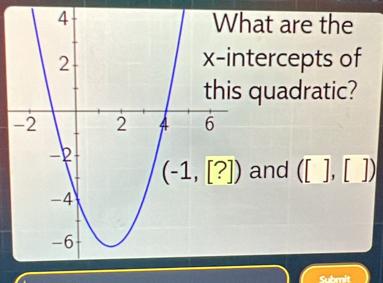 at are the
tercepts of
quadratic?
and ([],[])
Submit