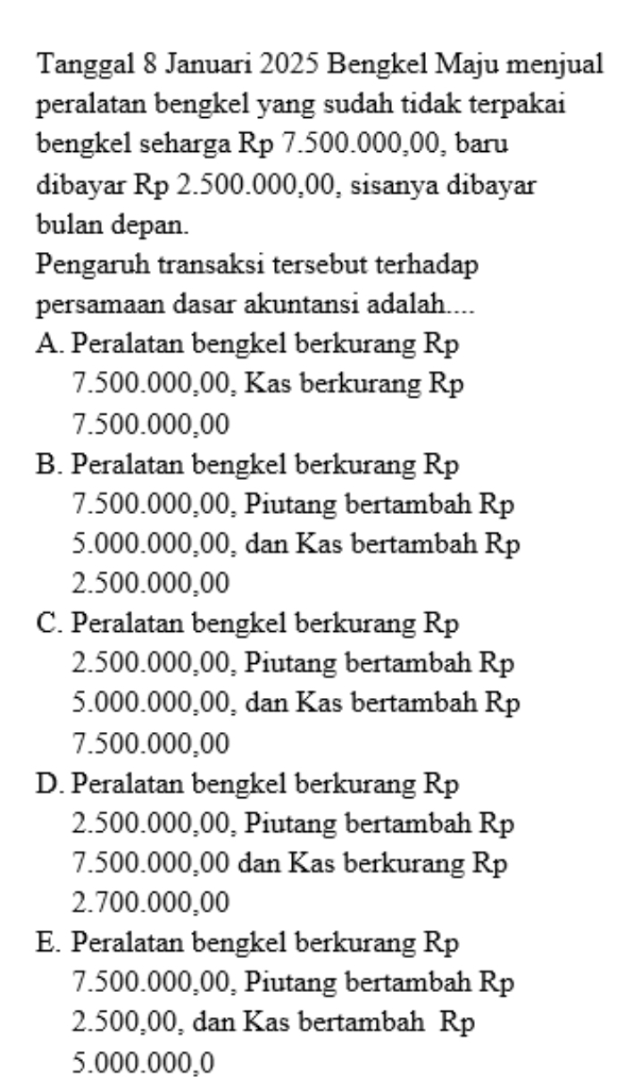 Tanggal 8 Januari 2025 Bengkel Maju menjual
peralatan bengkel yang sudah tidak terpakai
bengkel seharga Rp 7.500.000,00, baru
dibayar Rp 2.500.000,00, sisanya dibayar
bulan depan.
Pengaruh transaksi tersebut terhadap
persamaan dasar akuntansi adalah....
A. Peralatan bengkel berkurang Rp
7.500.000,00, Kas berkurang Rp
7.500.000,00
B. Peralatan bengkel berkurang Rp
7.500.000,00, Piutang bertambah Rp
5.000.000,00, dan Kas bertambah Rp
2.500.000,00
C. Peralatan bengkel berkurang Rp
2.500.000,00, Piutang bertambah Rp
5.000.000,00, dan Kas bertambah Rp
7.500.000,00
D. Peralatan bengkel berkurang Rp
2.500.000,00, Piutang bertambah Rp
7.500.000,00 dan Kas berkurang Rp
2.700.000,00
E. Peralatan bengkel berkurang Rp
7.500.000,00, Piutang bertambah Rp
2.500,00, dan Kas bertambah Rp
5.000.000,0