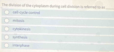 The division of the cytoplasm during cell division is referred to as_
cell-cycle control
mitosis
cytokinesis
synthesis
interphase