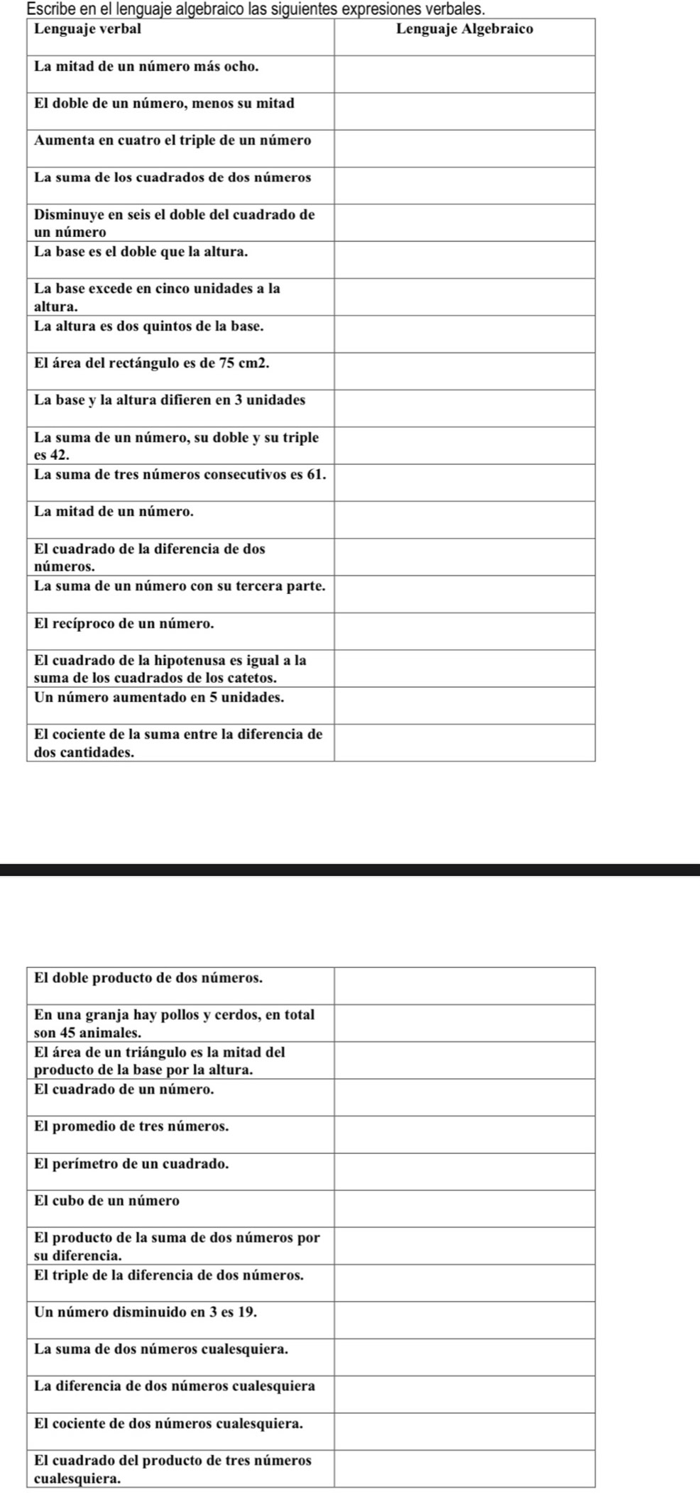 Escribe en el lenguaje algebraico las siguientes expresiones verbales. 
Lenguaje verbal Lenguaje Algebraico 
L 
E 
A 
L 
D 
u 
L 
L 
al 
L 
E 
L 
L 
es 
L 
L 
E 
n 
L 
E 
E 
s 
U 
E 
d 
cualesquiera.