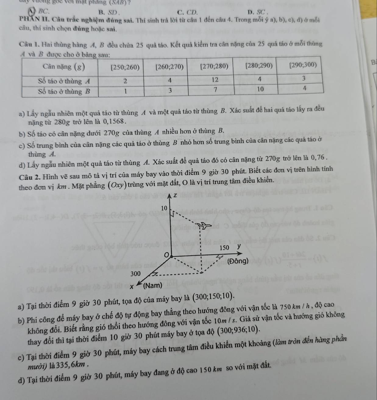 dy Vường gốc với mật pháng (SAB)?
△ BC. B.SD . C. CD. D. SC .
PHAN II. Câu trắc nghiệm đúng sai. Thí sinh trả lời từ câu 1 đến câu 4. Trong mỗi ý a), b), c), d) ở mỗi
câu, thí sinh chọn đúng hoặc sai.
Câu 1. Hai thùng hàng A, B đều chứa 25 quả táo. Kết quả kiểm tra cân nặng của 25 quả táo ở mỗi thùng
B
a) Lấy ngẫu nhiên một quả táo từ thùng A và một quả táo từ thùng B. Xác suất đề hai quả táo lấy ra đều
nặng từ 280g trở lên là 0,1568.
b) Số táo có cân nặng dưới 270g của thùng A nhiều hơn ở thùng B.
c) Số trung bình của cân nặng các quả táo ở thùng B nhỏ hơn số trung bình của cân nặng các quả táo ở
thùng A.
d) Lấy ngẫu nhiên một quả táo từ thùng A. Xác suất để quả táo đó có cân nặng từ 270g trở lên là 0,76 .
Câu 2. Hình vẽ sau mô tả vị trí của máy bay vào thời điểm 9 giờ 30 phút. Biết các đơn vị trên hình tính
theo đơn vị km . Mặt phẳng (Oxy) trùng với mặt đất, O là vị trí trung tâm điều khiển.
z
10
150 y
(Đông)
300 7
x (Nam)
a) Tại thời điểm 9 giờ 30 phút, tọa độ của máy bay là (300;150;10).
b) Phi công để máy bay ở chế độ tự động bay thẳng theo hướng đông với vận tốc là 750 km / h , độ cao
không đổi. Biết rằng gió thổi theo hướng đông với vận tốc 10m / s. Giả sử vận tốc và hướng gió không
thay đổi thì tại thời điểm 10 giờ 30 phút máy bay ở tọa độ (300;936;10).
c) Tại thời điểm 9 giờ 30 phút, máy bay cách trung tâm điều khiển một khoảng (làm tròn đến hàng phần
mười) là 335,6km .
d) Tại thời điểm 9 giờ 30 phút, máy bay đang ở độ cao 150 km so với mặt đất.