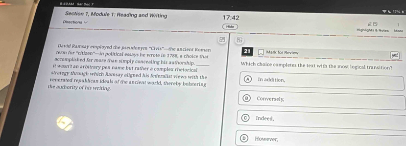 Solved: 8:40 AM Sat Dec 7 Section 1, Module 1: Reading and Writing 17: ...