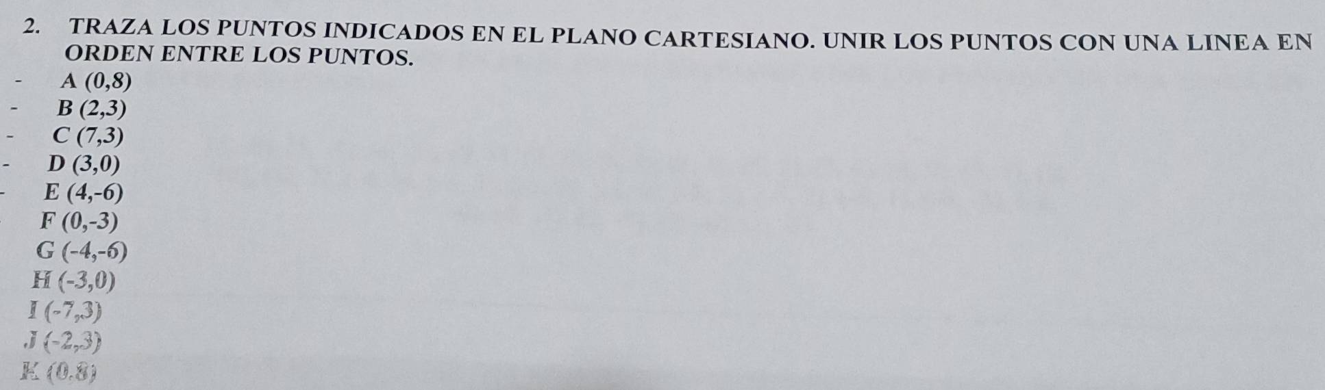 TRAZA LOS PUNTOS INDICADOS EN EL PLANO CARTESIANO. UNIR LOS PUNTOS CON UNA LINEA EN 
ORDEN ENTRE LOS PUNTOS.
A(0,8)
B(2,3)
C(7,3)
D(3,0)
E(4,-6)
F(0,-3)
G(-4,-6)
H(-3,0)
I(-7,3)
J(-2,3)
K (0,8)