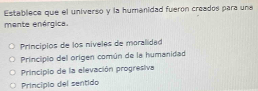 Establece que el universo y la humanidad fueron creados para una
mente enérgica.
Principios de los niveles de moralidad
Principio del origen común de la humanidad
Principio de la elevación progresiva
Principio del sentido