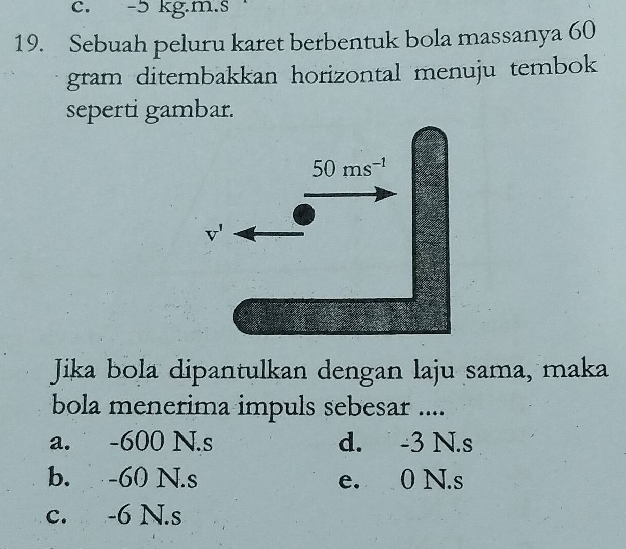 kg.m.s
19. Sebuah peluru karet berbentuk bola massanya 60
gram ditembakkan horizontal menuju tembok
seperti gambar.
Jika bola dipantulkan dengan laju sama, maka
bola menerima impuls sebesar ....
a. -600 N.s d. -3 N.s
b. -60 N.s e. 0 N.s
c. -6 N.s