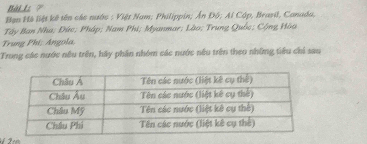 Bài Lí ? 
Bạn Hà liệt kê tên các nước : Việt Nam; Philippin; Ấn Độ; Ai Cập, Brasil, Canada, 
Tây Ban Nha; Đức; Pháp; Nam Phi; Myanmar; Lào; Trung Quốc; Cộng Hòa 
Trung Phi; Angola, 
Trong các nước nêu trên, hãy phân nhóm các nước nêu trên theo những tiêu chi sau