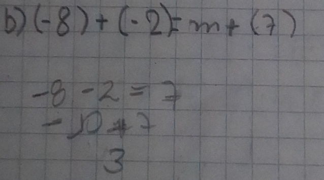 (-8)+(-2)=m+(7)
beginarrayr -8-2=7 -10+7 3endarray