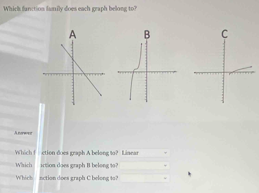 Which function family does each graph belong to? 
A 
B 
Answer 
Which f ction does graph A belong to? Linear 
Which action does graph B belong to? 
Which nction does graph C belong to?