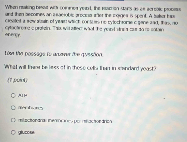 When making bread with common yeast, the reaction starts as an aerobic process
and then becomes an anaerobic process after the oxygen is spent. A baker has
created a new strain of yeast which contains no cytochrome c gene and, thus, no
cytochrome c protein.This will affect what the yeast strain can do to obtain
energy.
Use the passage to answer the question.
What will there be less of in these cells than in standard yeast?
(1 point)
ATP
membranes
mitochondnial membranes per mitochondrion
glucose