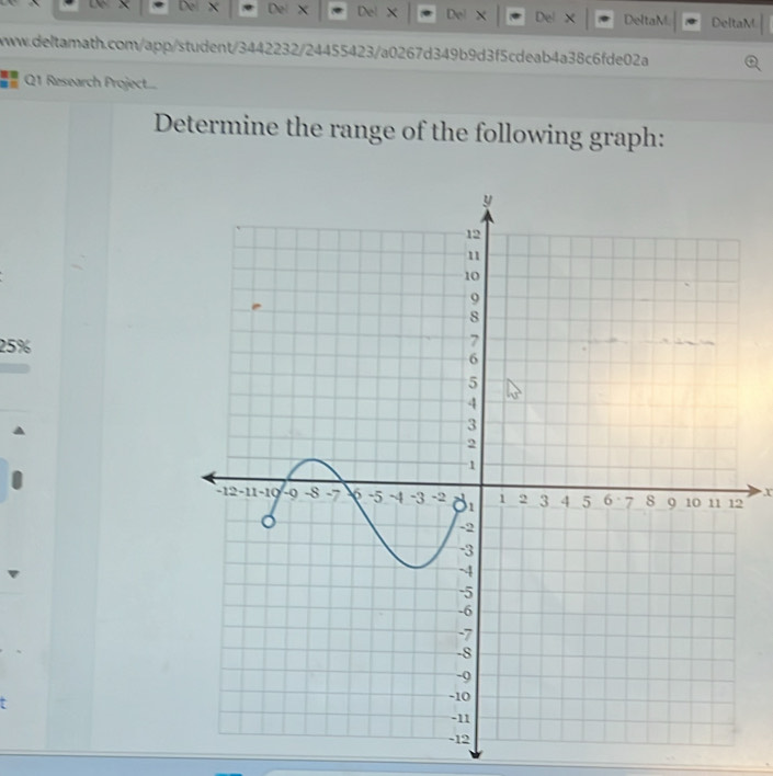 Del X Del X Del × Del × DeltaM. DeltaM 
www.deltamath.com/app/student/3442232/24455423/a0267d349b9d3f5cdeab4a38c6fde02a 
Q1 Research Project.... 
Determine the range of the following graph:
25%
X
2