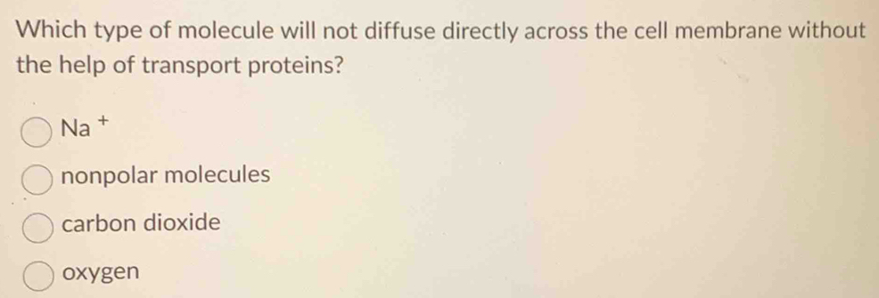 Solved: Which type of molecule will not diffuse directly across the ...