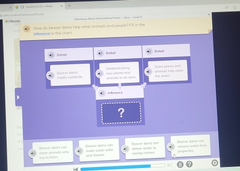 com/studvet/dashhoard/home 
@ iReady Inferences About In oreasional fexs — Que - Lnaal D 
⑩ How do beaver dams help other animals and people? Fill in the 
inference in the chart. 
Detail Detail Detail 
Beover dams Wetlands bring Same planis and 
4 create wetlands new plants and animals to an area. onmais help cleon the water. 
inferenc 
? 
H 
l 
f 
remove water from 
w C 
B av er dams c Beaver dans can Beover dams can Beovee dams can 
live in them. clean animals who 4 make water safer deliver water to nearby homes. properties 
and cleaner