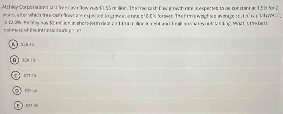 Atchley Corporation's last free cash flow was $1.55 million. The free cash flow growth rate is expected to be constant at 1.5% for 2
years, after which free cash flows are expected to grow at a rate of 8.0% forever. The firm's weighted average cost of capital (WACC)
is 12.0%. Atchley has $2 million in short-term debt and $14 million in debt and 1 million shares outstanding. What is the best
estimate of the intrinsic stock price?
A $26.16
B $29.70
C $27.30
D S28.48
E S25.05