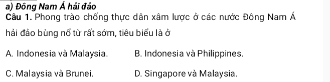 Đông Nam Á hải đảo
Câu 1. Phong trào chống thực dân xâm lược ở các nước Đông Nam Á
hải đảo bùng nổ từ rất sớm, tiêu biểu là ở
A. Indonesia và Malaysia. B. Indonesia và Philippines.
C. Malaysia và Brunei. D. Singapore và Malaysia.