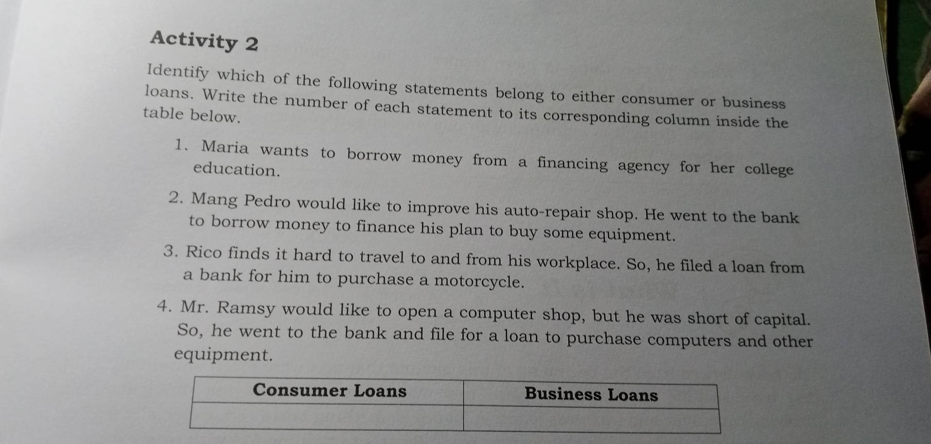 Activity 2 
Identify which of the following statements belong to either consumer or business 
loans. Write the number of each statement to its corresponding column inside the 
table below. 
1. Maria wants to borrow money from a financing agency for her college 
education. 
2. Mang Pedro would like to improve his auto-repair shop. He went to the bank 
to borrow money to finance his plan to buy some equipment. 
3. Rico finds it hard to travel to and from his workplace. So, he filed a loan from 
a bank for him to purchase a motorcycle. 
4. Mr. Ramsy would like to open a computer shop, but he was short of capital. 
So, he went to the bank and file for a loan to purchase computers and other 
equipment.