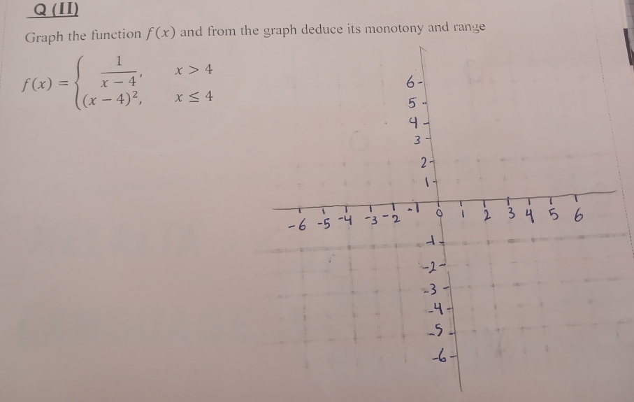 (II) 
Graph the function f(x) and from the graph deduce its monotony and range
f(x)=beginarrayl  1/x-4 ,x>4 (x-4)^2,x≤ 4endarray.