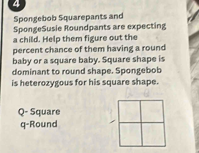 Spongebob Squarepants and 
SpongeSusie Roundpants are expecting 
a child. Help them figure out the 
percent chance of them having a round 
baby or a square baby. Square shape is 
dominant to round shape. Spongebob 
is heterozygous for his square shape. 
Q- Square 
q-Round