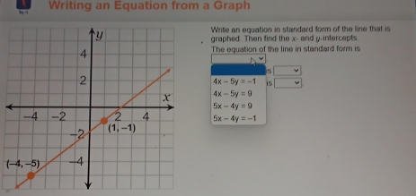 Writing an Equation from a Graph
Write an equation in standard form of the line that is
graphed. Then find the x- and y-intercepts
The equation of the line in standard form is
5 _circ 
4x-5y=-1 is □
4x-5y=9
5x-4y=9
5x-4y=-1