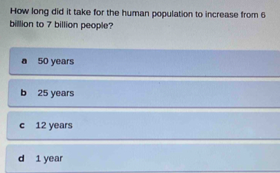 How long did it take for the human population to increase from 6
billion to 7 billion people?
a 50 years
b 25 years
c 12 years
d 1 year