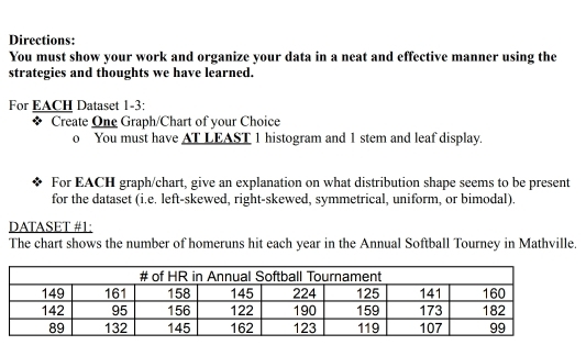 Directions: 
You must show your work and organize your data in a neat and effective manner using the 
strategies and thoughts we have learned. 
For EACH Dataset 1-3: 
* Create One Graph/Chart of your Choice 
o You must have AT LEAST 1 histogram and 1 stem and leaf display. 
For EACH graph/chart, give an explanation on what distribution shape seems to be present 
for the dataset (i.e. left-skewed, right-skewed, symmetrical, uniform, or bimodal). 
DATASET #1: 
The chart shows the number of homeruns hit each year in the Annual Softball Tourney in Mathville.