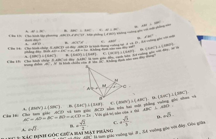 D.
vông vuông góc với mặt phẳng nào ABI⊥ SBC.
A. AI⊥ SC. B. SBC⊥ SAC C. AI⊥ BC.
Cân 13: Cho hình lập phương ABCD,A'B'C'D'. Mật phẳng
D.
A. AB'D B. ACC'A'. C. ABD'. D S4 vuống gốc với mặt A'BC'.
duới  dây?
tại A và
Cầu 14: Cho hình chôp S.ABCD có 9 là hình than
phầng đây. Biết AD=DC=a,AB=2a. Khẳng định nào sau đây sai?
A. (SBC)⊥ (SAC). B. (SAD)⊥ (SAB). C. (SCD)⊥ (SAD). D.
Câu 15: Cho hình chóp S.ABC có đây trung điểm AC , N là hình chiếu của B lên SC . Khẳng định nào sau đây đùng7 f vuông gỏc với đây, M là (SAC)⊥ (SBD).
△ ABC là tam giác
B. (SAC)⊥ (SAB). C. (BMN)⊥ (ABC).D.(SAC)⊥ (SBC).
A. (BMN)⊥ (SBC). ) và
nằm trên hai mặt phẳng vuông góc nhau và
Câu 16: Ch AC=AD=BC=BD=a;CD=2x. Với giá trị nào của x thì ABC⊥ ABD.
A. asqrt(2).
B. a sqrt(2)/2 . C. a sqrt(3)/3 . D. asqrt(3).
là đáu ARC là tam giác vuông tại B , SA vuông góc với đáy. Góc giữa
*C  3: xác định góc giữa hai mặt phảng