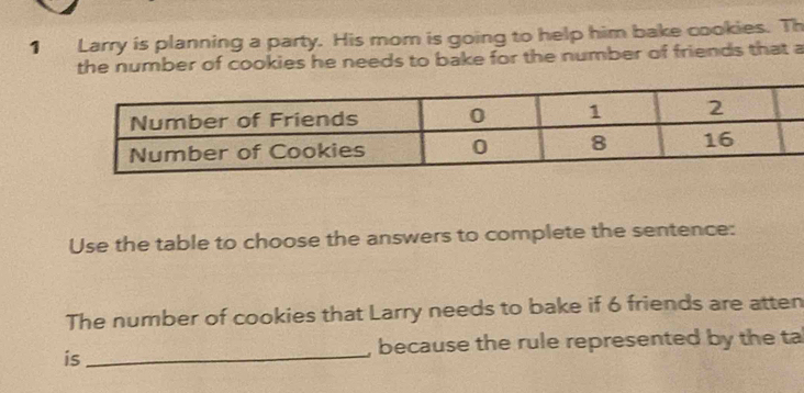 Larry is planning a party. His mom is going to help him bake cookies. Th 
the number of cookies he needs to bake for the number of friends that a 
Use the table to choose the answers to complete the sentence: 
The number of cookies that Larry needs to bake if 6 friends are atten 
is_ 
, because the rule represented by the ta