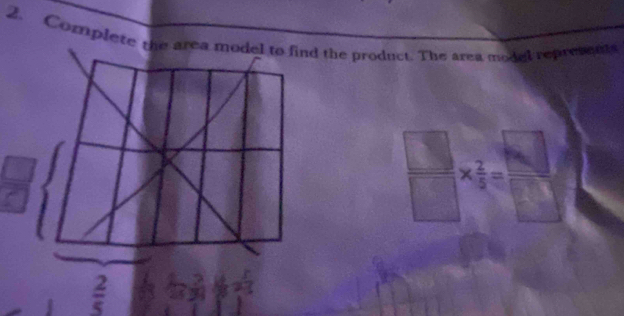 Complete the area model to find the product. The area model represents
 □ /□  *  2/3 = □ /□  
 2/5 