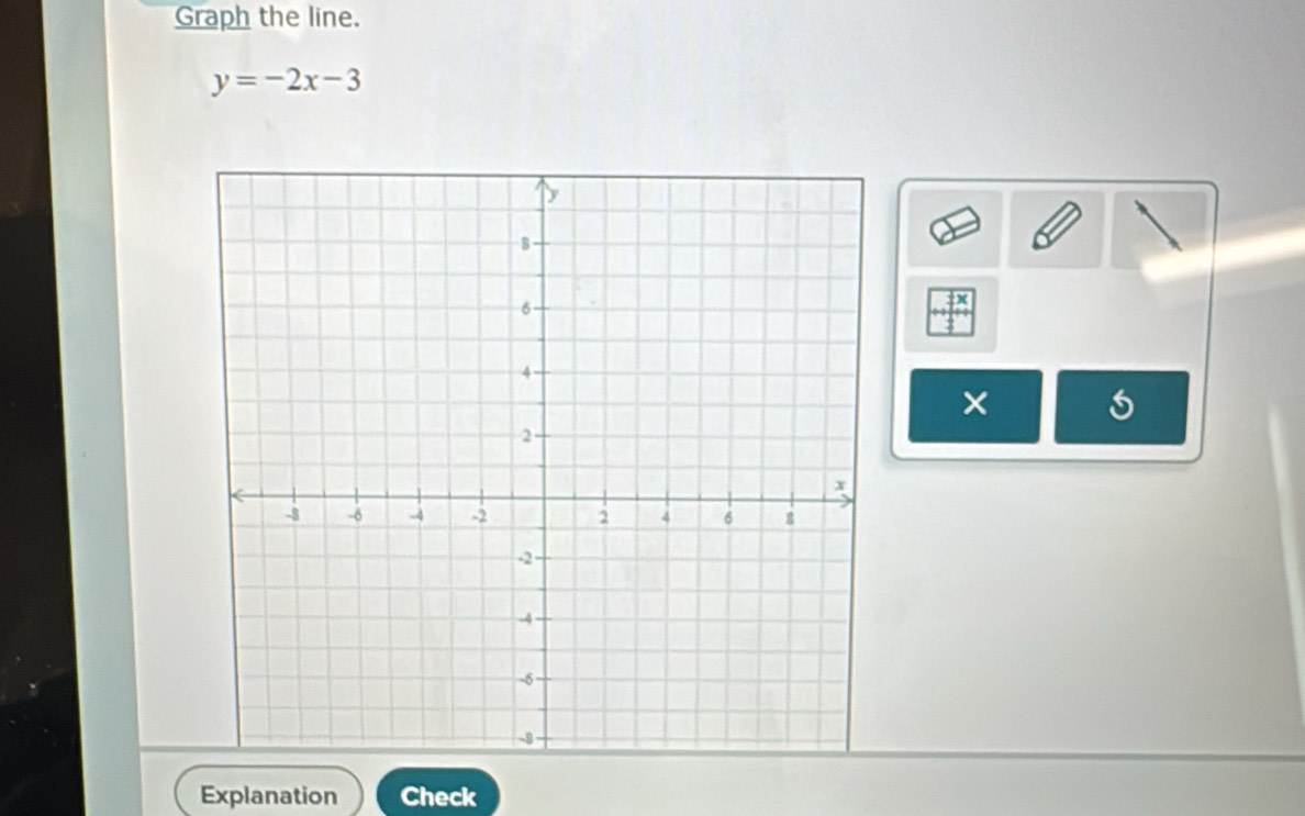 Graph the line.
y=-2x-3
× 
Explanation Check