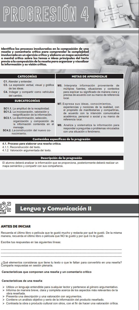 PROGRESIÓN 4
Identifica los procesos involucrados en la composición de una
reseña y comentario crítico para comprender la complejidad
involucrada en un ejercicio crítico y elabora un mapa semántico
o mental crítico sobre los temas e ideas principales del texto
la información ysa visión crifzzeña para organizar y visualizar
CATEGORÍAS METAS DE APRENDIZAJE
C1. Atender v entender
C3. La expresión verbal, visual y gráfica M5. Interpreta información proveniente de
de las ideas. múltiples fuentes, situaciones y contextos
C4. Indagar y compartir como vehículos para explicar su significado de manera clara y
del cambio local . precisa de acuerdo con su marco de referencia
subcategorías
M7. Expresa sus ideas, conocimientos
SC1.1. La amplitud de la receptividad experiencias v nociones de la realidad. con
SC1.2. La incorporación, valoración y el propósito de manifestaras y compartiras,
resignificación de la información.
SC3.1. La discriminación, selección, referencia local académica, personal o social y su marco de
organización y composición de
M8. Analiza y sistematiza la información para
mensaje.
SC4.2. La construcción del nuevo co- responder a preguntas o problemas vinculados
nocimiento.
Contenidos específicos de la progresión
4.1. Proceso para elaborar una reseña crítica.
4 1.1. Reconstrucción del texto
4.1.2. Valoración argumentada del texto.
Descripción de la progresión
El alumno deberá analizar la información que se proporciona, posteriormente deberá realizar un
mapa semántico y compartir con sus compañeros.
Lengua y Comunicación II
ANTES DE INICIAR
Recuerda el último libro o película que te gustó mucho y redacta por qué te gustó. De la misma
manera, recuerda el último libro o película que NO te gustó y por qué no te gustó.
Escribe tus respuestas en las siguientes líneas:
_
_
¿ Qué elementos consideras que tiene tu texto o que le faltan para convertirlo en una reseña?
Comparte respuestas en sesión plenaria,
Características que componen una reseña y un comentario crítico
Características de una reseña
Utiliza un lenguaje entendible para cualquier lector y pertenece al género argumentativo.
* Informa de manera breve, clara y completa acerca de los aspectos más relevantes de la
obra reseñada.
Presenta una descripción y una valoración con argumentos.
Contiene un análisis objetivo y serio de la información del producto reseñado.
* Contrasta la obra o producto cultural con otros, con el fin de hacer una valoración crítica.