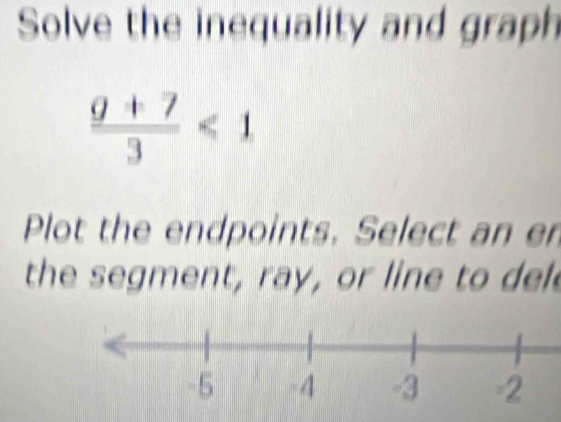 Solve the inequality and graph
 (g+7)/3 <1</tex> 
Plot the endpoints. Select an en 
the sement , ray, or line to de