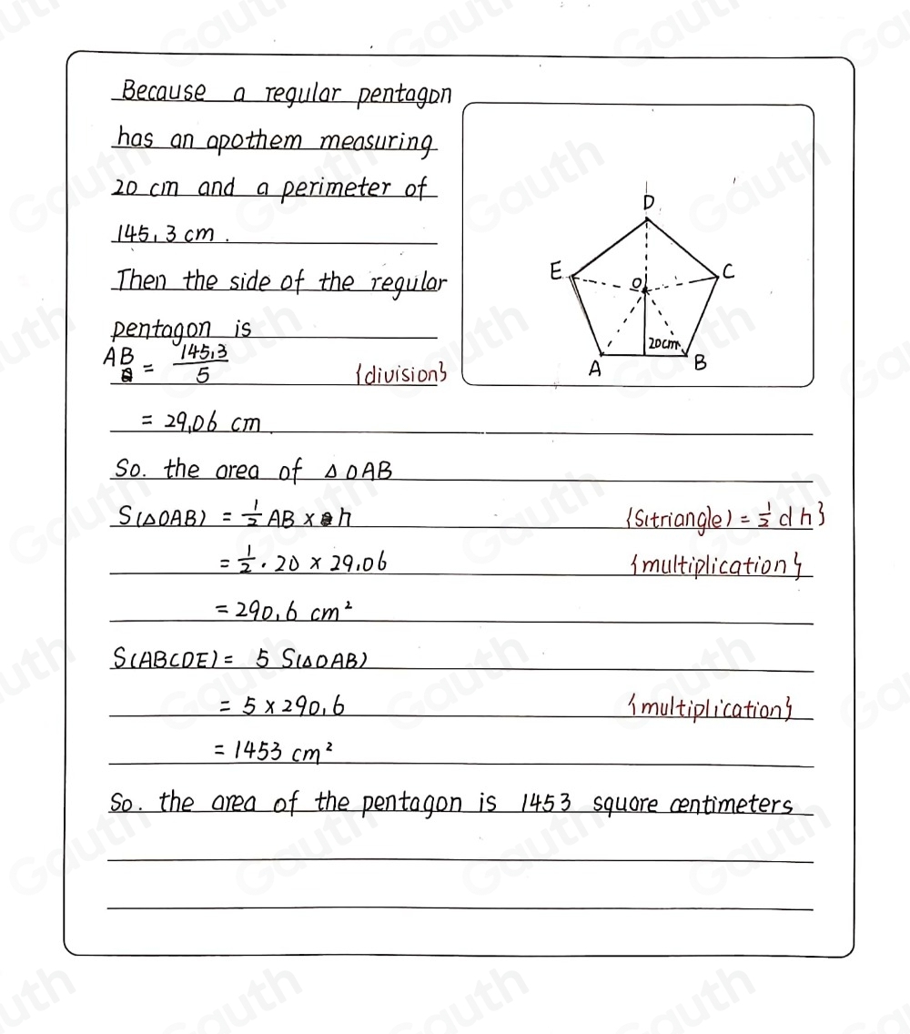Solved: A regular pentagon has an apothem measuring 20 cm What is the ...
