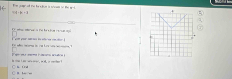 Submit tes
The graph of the function is shown on the grid.
f(x)=|x|+3
10
On what interval is the function increasing?
- 10
(Type your answer in interval notation.)
10
On what interval is the function decreasing?
(Type your answer in interval notation.)
Is the function even, odd, or neither?
A. Odd
B. Neither