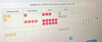 Subtract 3,254 in the place value chart.
beginarrayr 1.6 - -3.254 hline endarray
6