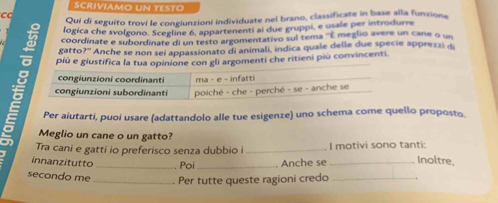 SCRIVIAMO UN TESTO 
Qui di seguito trovi le congiunzioni individuate nel brano, classiicate in base alla funtione 

logica che svolgono. Scegline 6, appartenenti ai due gruppi, e usale per introdurre 
i 
coordinate e subordinate di un testo argomentativo sul tema ''É meglio avere un cane o un 
gatto?'' Anche se non sei appassionato di animali, indica quale delle due specie apprezzi di 
più e giustifica la tua opinione con gli argomenti che ritieni più convincenti. 
g 
Per aiutarti, puoi usare (adattandolo alle tue esigenze) uno schema come quello proposto. 
Meglio un cane o un gatto? 
Tra cani e gatti io preferisco senza dubbio i _I motivi sono tanti: 
innanzitutto __Anche se_ 
. Poi 
. Inoltre, 
secondo me_ 
Per tutte queste ragioni credo_