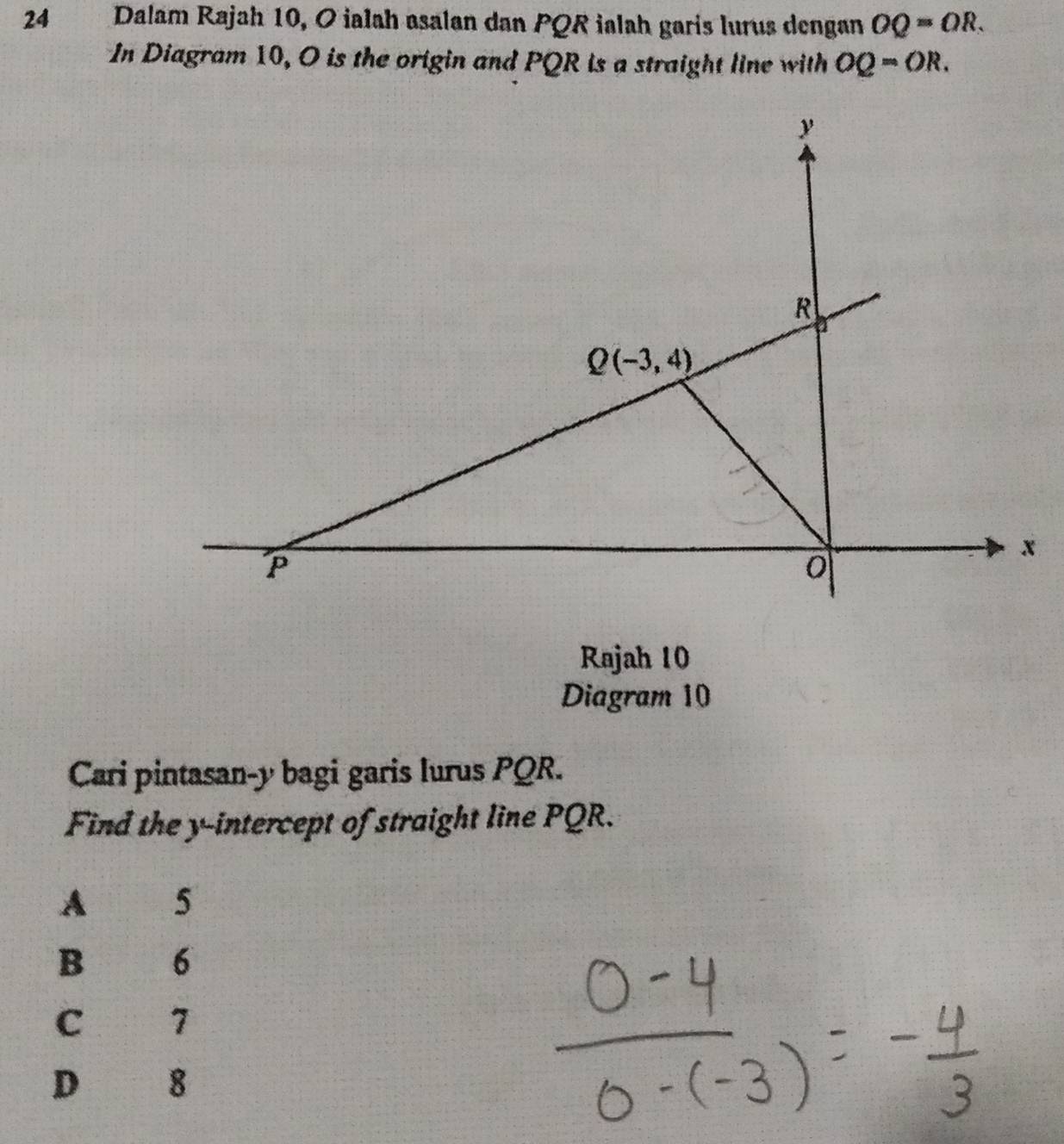 Dalam Rajah 10, O ialah asalan dan PQR ialah garis lurus dengan OQ=OR.
In Diagram 10, O is the origin and PQR is a straight line with OQ=OR.
Rajah 10
Diagram 10
Cari pintasan-y bagi garis lurus PQR.
Find the y-intercept of straight line PQR.
A 5
B 6
C 7
D 8