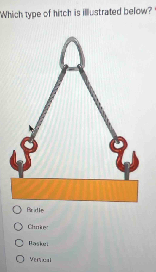 Which type of hitch is illustrated below?
Bridle
Choker
Basket
Vertical