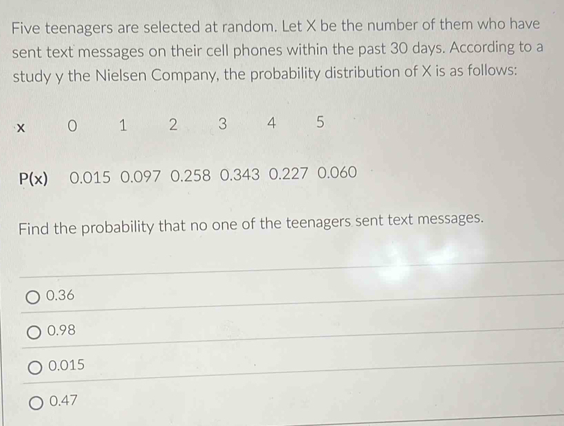 Five teenagers are selected at random. Let X be the number of them who have
sent text messages on their cell phones within the past 30 days. According to a
study y the Nielsen Company, the probability distribution of X is as follows:
x
1 2 3 4 5
P(x) 0.015 0.097 0.258 0.343 0.227 0.060
Find the probability that no one of the teenagers sent text messages.
0.36
0.98
0.015
0.47