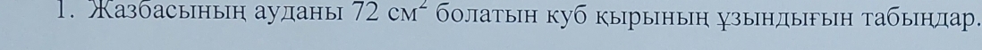 Казбасыныη ауданы 72cm^2 бοлатын куб кырыныη зындыыη абындар.