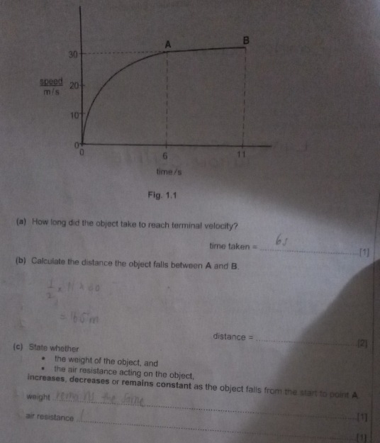 spe 
m/ 
Fig. 1.1 
(a) How long did the object take to reach terminal velocity? 
time taken = _[1] 
(b) Calculate the distance the object falls between A and B. 
distance = _[2] 
(c) State whether 
the weight of the object, and 
the air resistance acting on the object. 
increases, decreases or remains constant as the object falls from the start to point A
_ 
weight_ [1] 
air resistance 
[1]