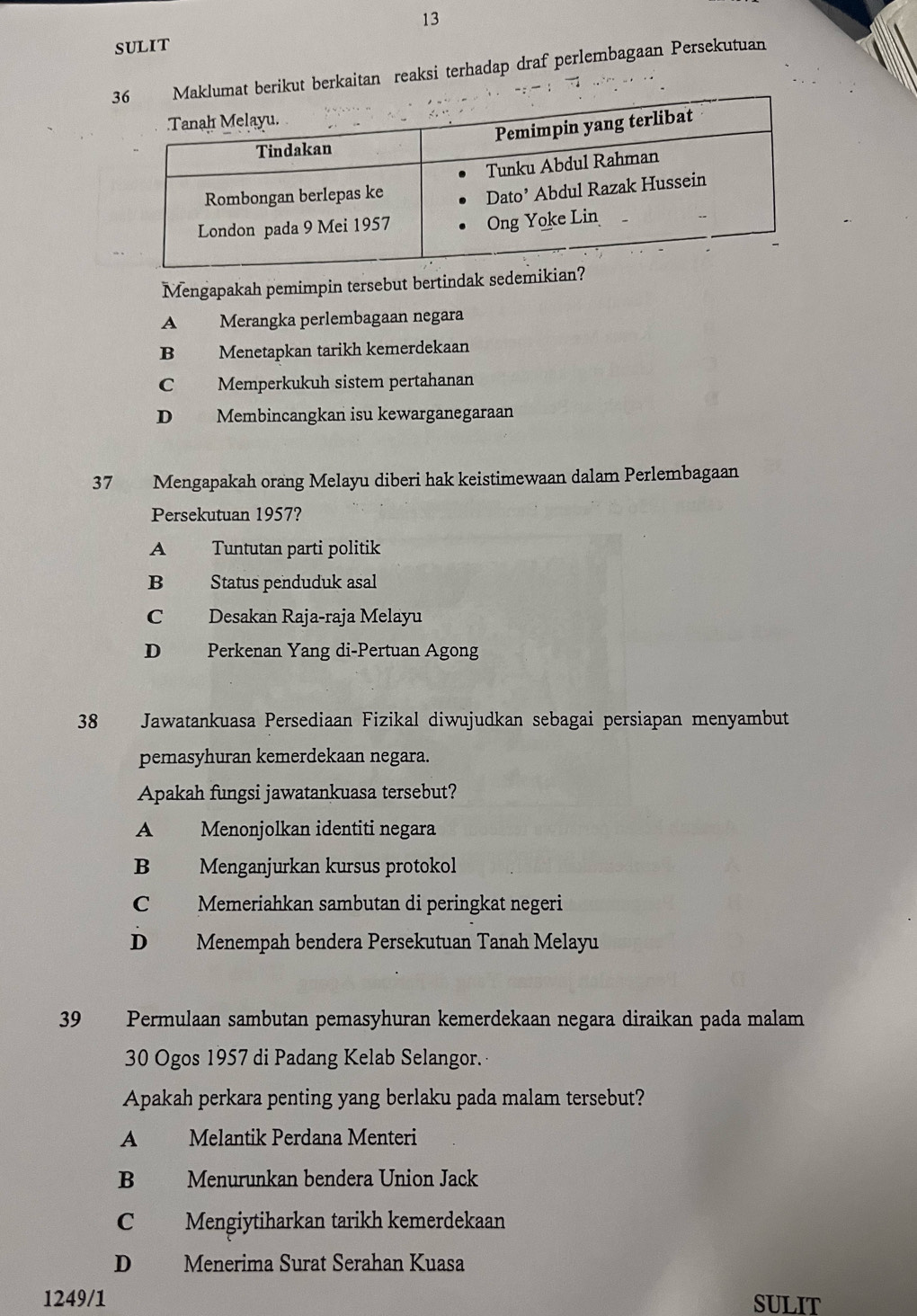 SULIT
berikut berkaitan reaksi terhadap draf perlembagaan Persekutuan
Mengapakah pemimpin tersebut bertindak sedem
A Merangka perlembagaan negara
B Menetapkan tarikh kemerdekaan
C Memperkukuh sistem pertahanan
D Membincangkan isu kewarganegaraan
37 Mengapakah orang Melayu diberi hak keistimewaan dalam Perlembagaan
Persekutuan 1957?
A Tuntutan parti politik
B Status penduduk asal
C Desakan Raja-raja Melayu
D Perkenan Yang di-Pertuan Agong
38 Jawatankuasa Persediaan Fizikal diwujudkan sebagai persiapan menyambut
pemasyhuran kemerdekaan negara.
Apakah fungsi jawatankuasa tersebut?
A Menonjolkan identiti negara
B Menganjurkan kursus protokol
C Memeriahkan sambutan di peringkat negeri
D Menempah bendera Persekutuan Tanah Melayu
39 Permulaan sambutan pemasyhuran kemerdekaan negara diraikan pada malam
30 Ogos 1957 di Padang Kelab Selangor.
Apakah perkara penting yang berlaku pada malam tersebut?
A Melantik Perdana Menteri
B Menurunkan bendera Union Jack
C Mengiytiharkan tarikh kemerdekaan
D Menerima Surat Serahan Kuasa
1249/1 SULIT