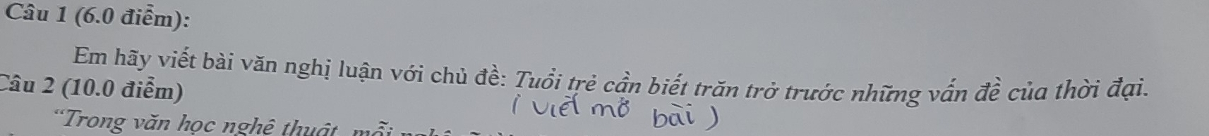 (6.0 điễm): 
Em hãy viết bài văn nghị luận với chủ đề: Tuổi trẻ cần biết trăn trở trước những vấn đề của thời đại. 
Câu 2 (10.0 điểm) 
*Trong văn học nghê thuật, mô