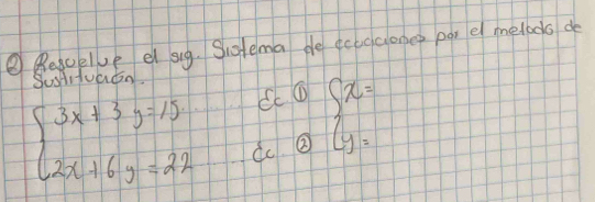 ⑧ Bescelve el sig. Siotema de eccgcones par e metodo do
SUsHituaon.
beginarrayl 3x+3y=15 2x+6y=22endarray.
Cc①
Cc. ② beginarrayl x= y=endarray.