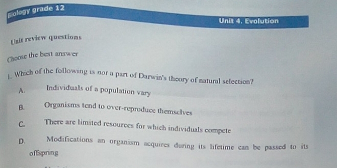 Biology grade 12 Unit 4. Evolution Usit review questions Choose the ...