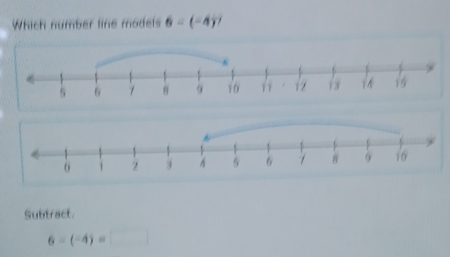 Which number line models 6-(-4)
Subtract.
6-(-4)=□